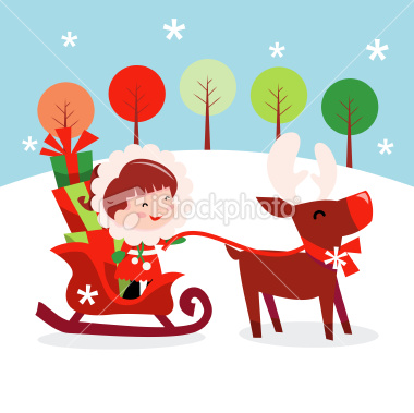 Stock Vector Illustration:  Christmas Little Girl Riding Sleigh With Gifts